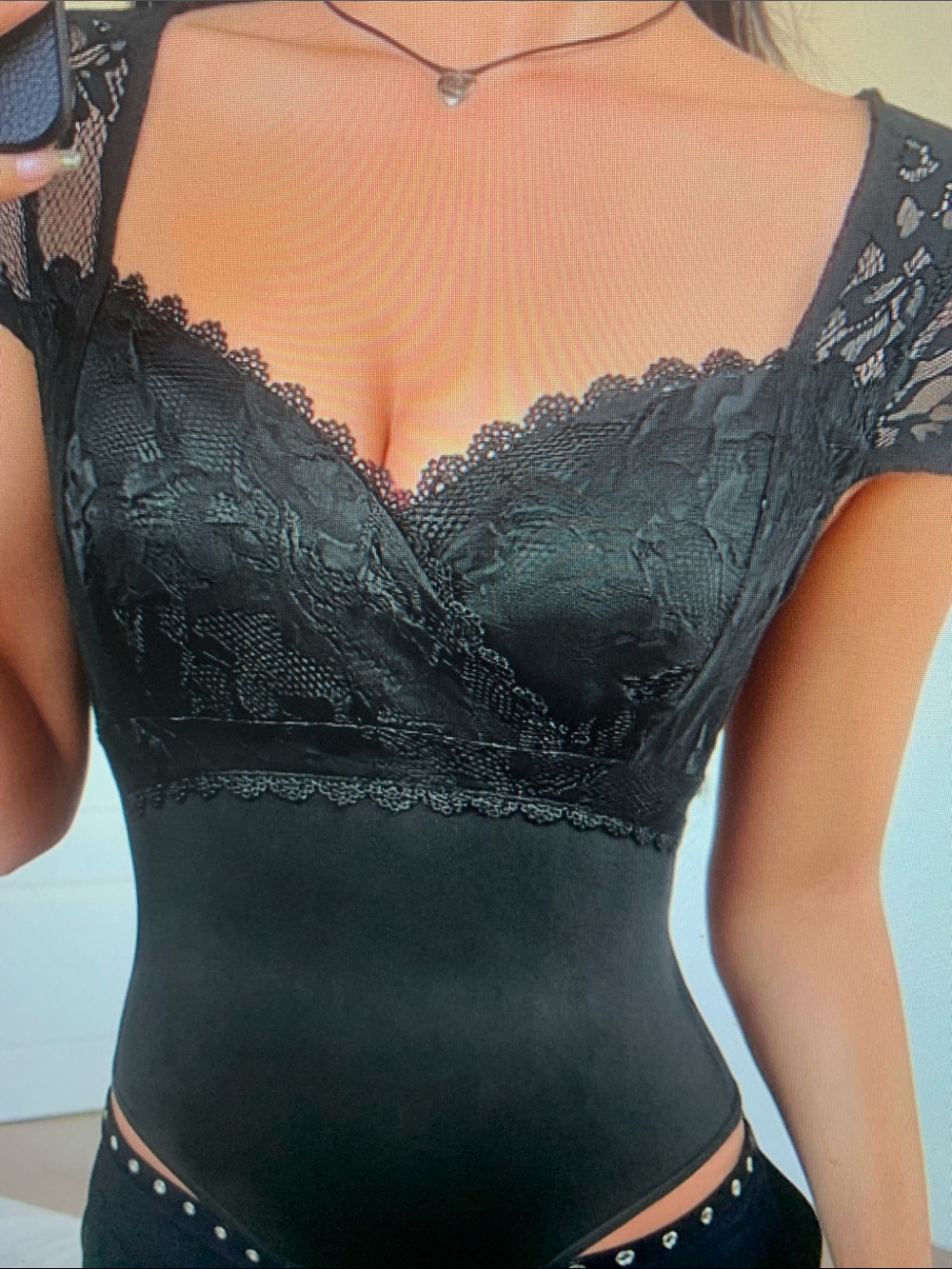Black Lace Shaping Bodysuit with Sweetheart Neckline